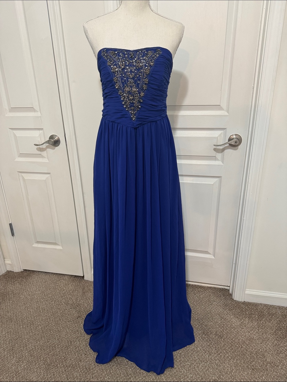 Pearl Royal Blue Strapless Evening Gown with Beaded Appliqué